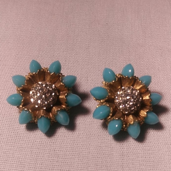 Sunburst Turquoise Color CLIP Earrings with Rhinestones - Picture 4 of 4
